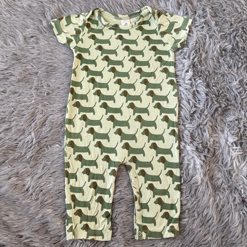 Kate Quinn Bamboo Winnie Dog Dachshund Romper Green Olive Baby 3-6 Months